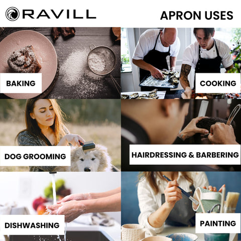 Ravill oil and water resistant apron protecting clothing during cooking and cleaning