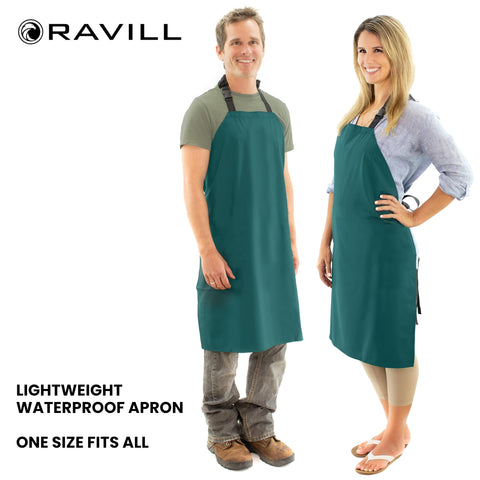 Ravill green waterproof apron back view highlighting long 35-inch length for comprehensive coverage.