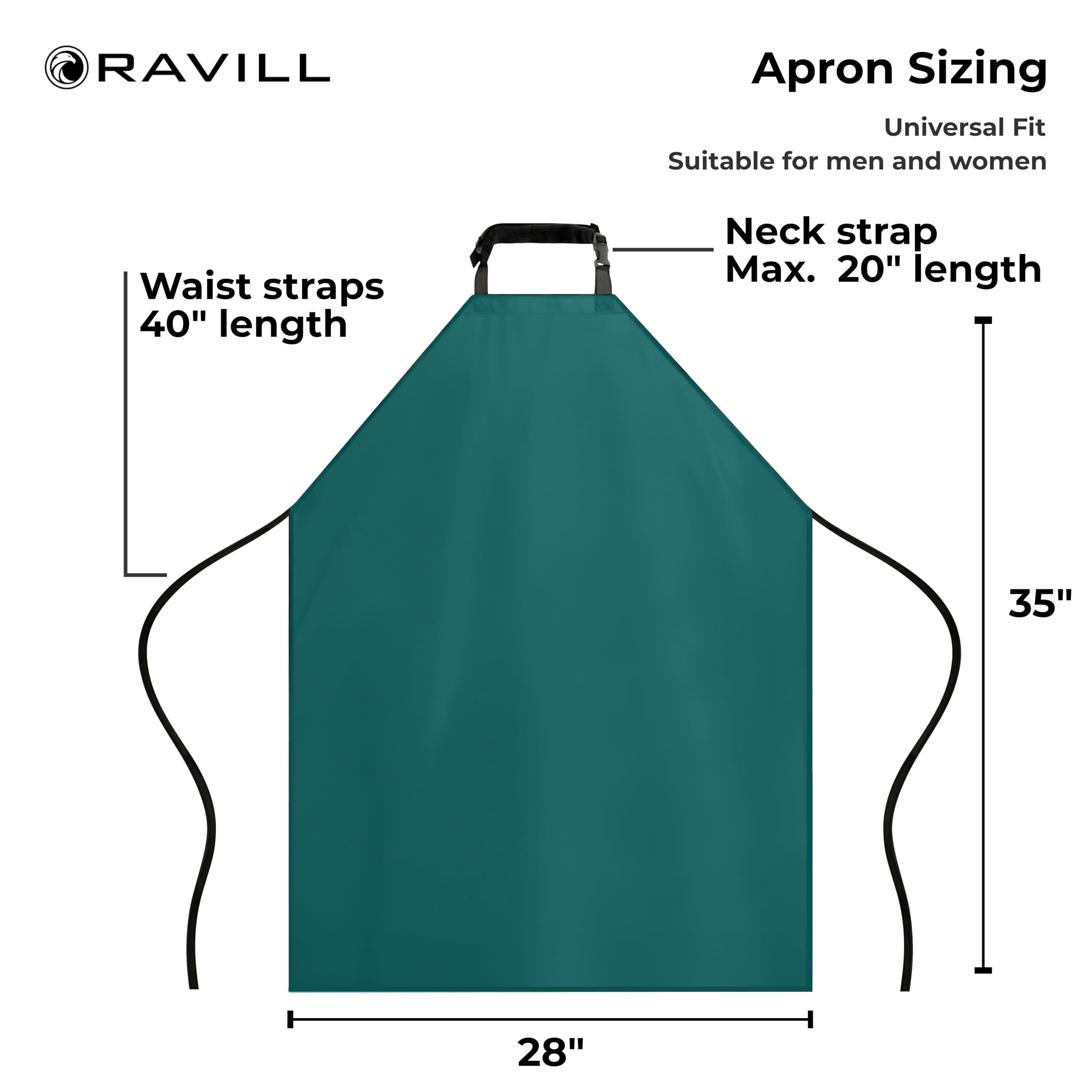 Ravill waterproof apron side view showing 40-inch waist ties for secure fit.