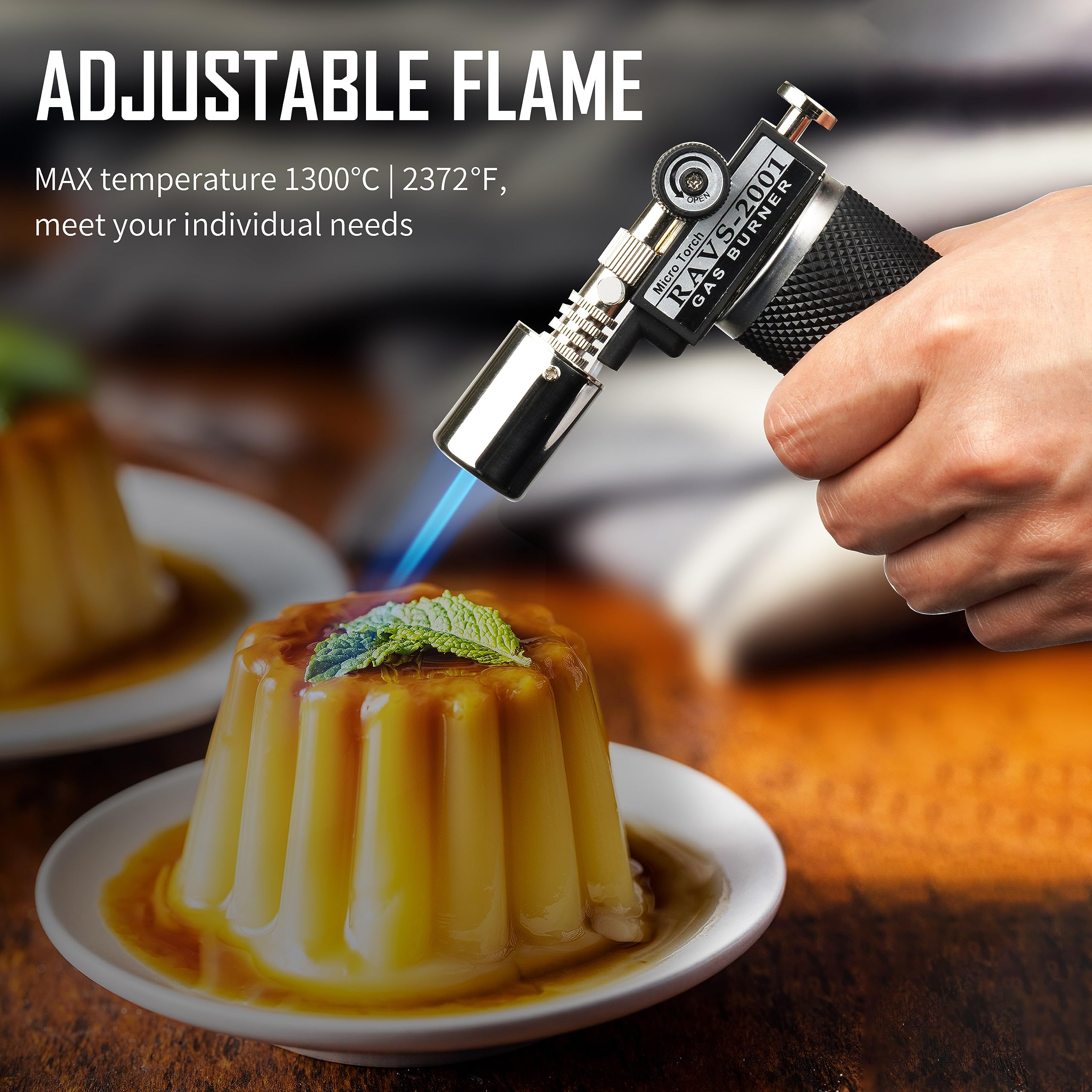 RAVS cooking torch angled nozzle for safe caramelization