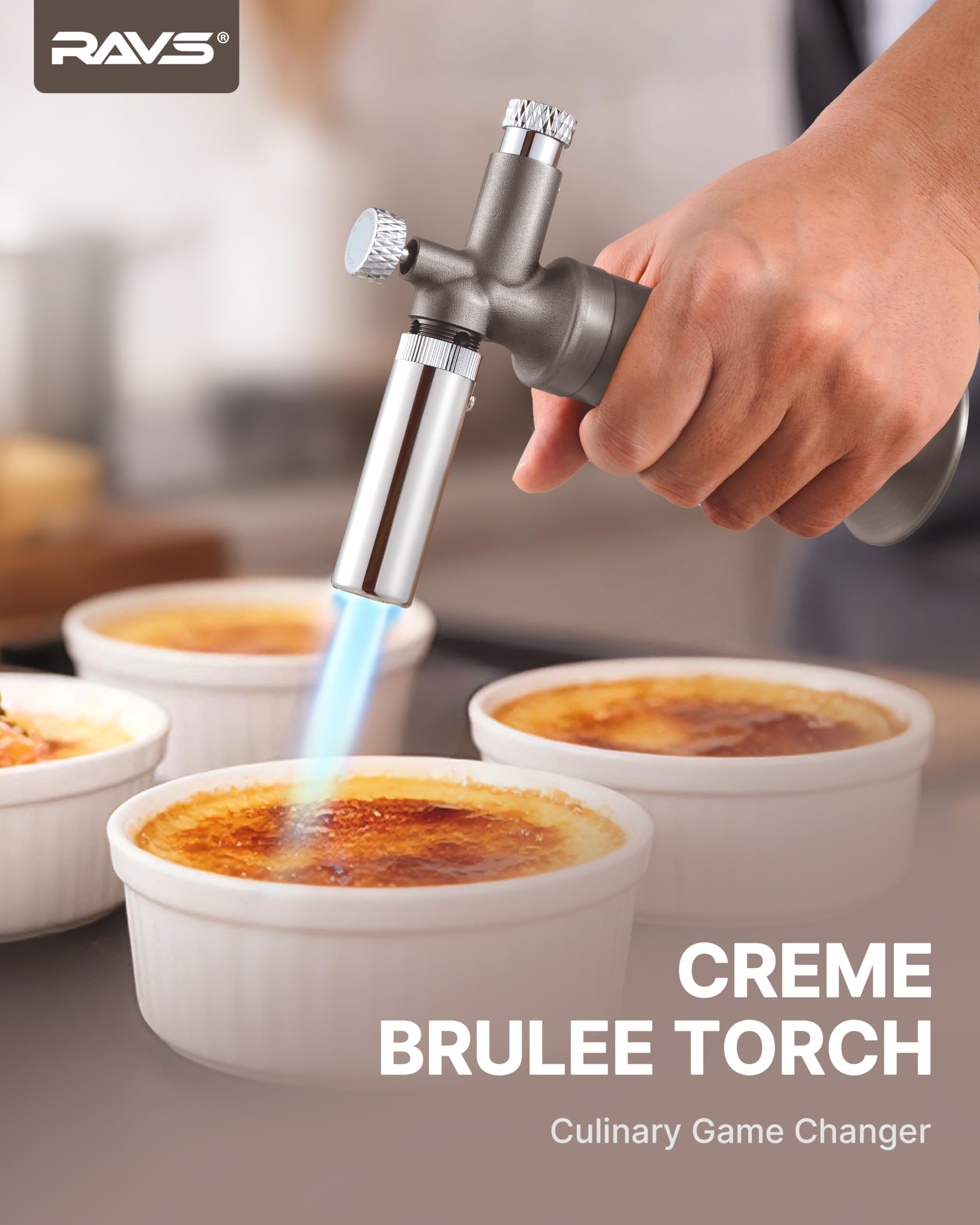 RAVS copper torch with dual flame mode for searing and caramelizing with precision