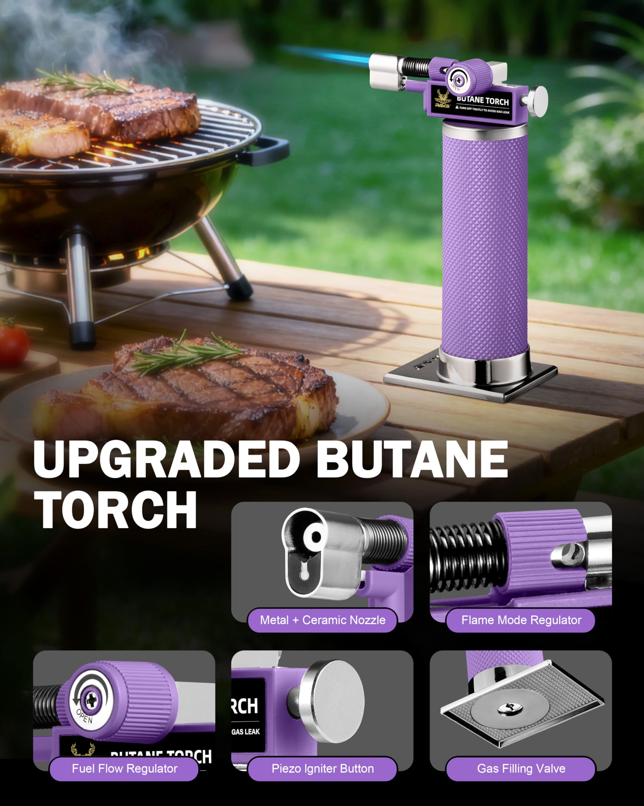 RAVS piezo ignition refillable torch offers one-handed use.