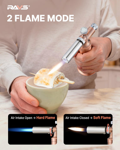 RAVS hard and soft flame on display for crème brûlée and dessert caramelizing