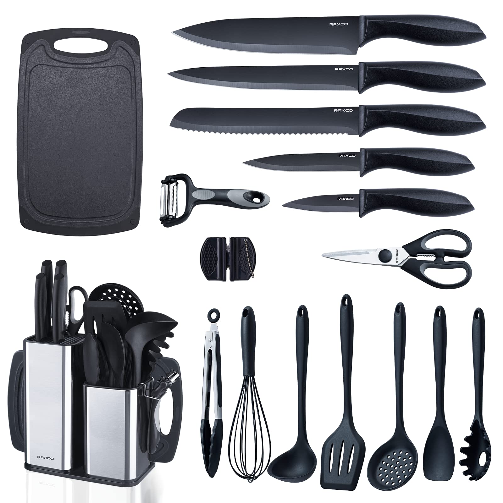 RAXCO six-piece knife set with sharp blades for precise slicing.