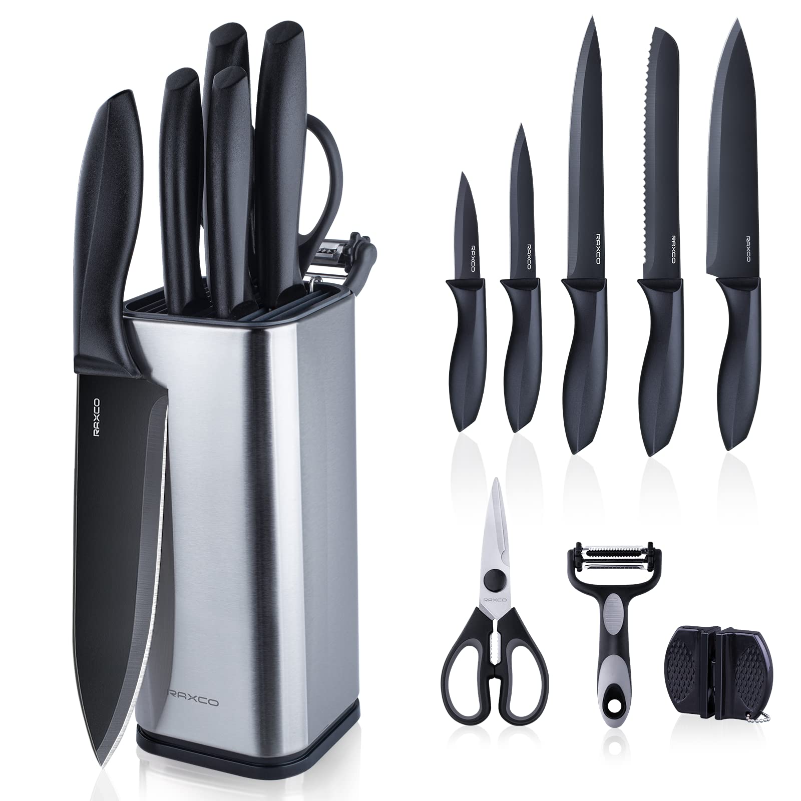 RAXCO knife set with block, front view showing organized kitchen storage.