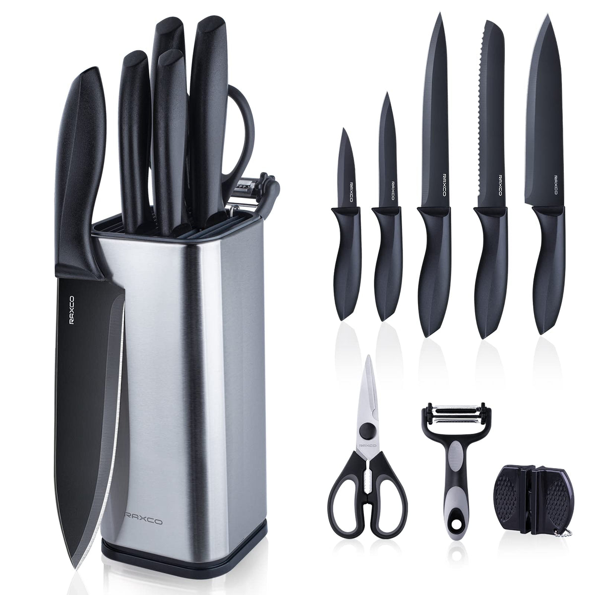 RAXCO knife set with block, front view showing organized kitchen storage.