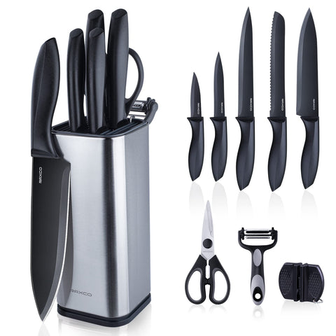 RAXCO knife set with block, front view showing organized kitchen storage.