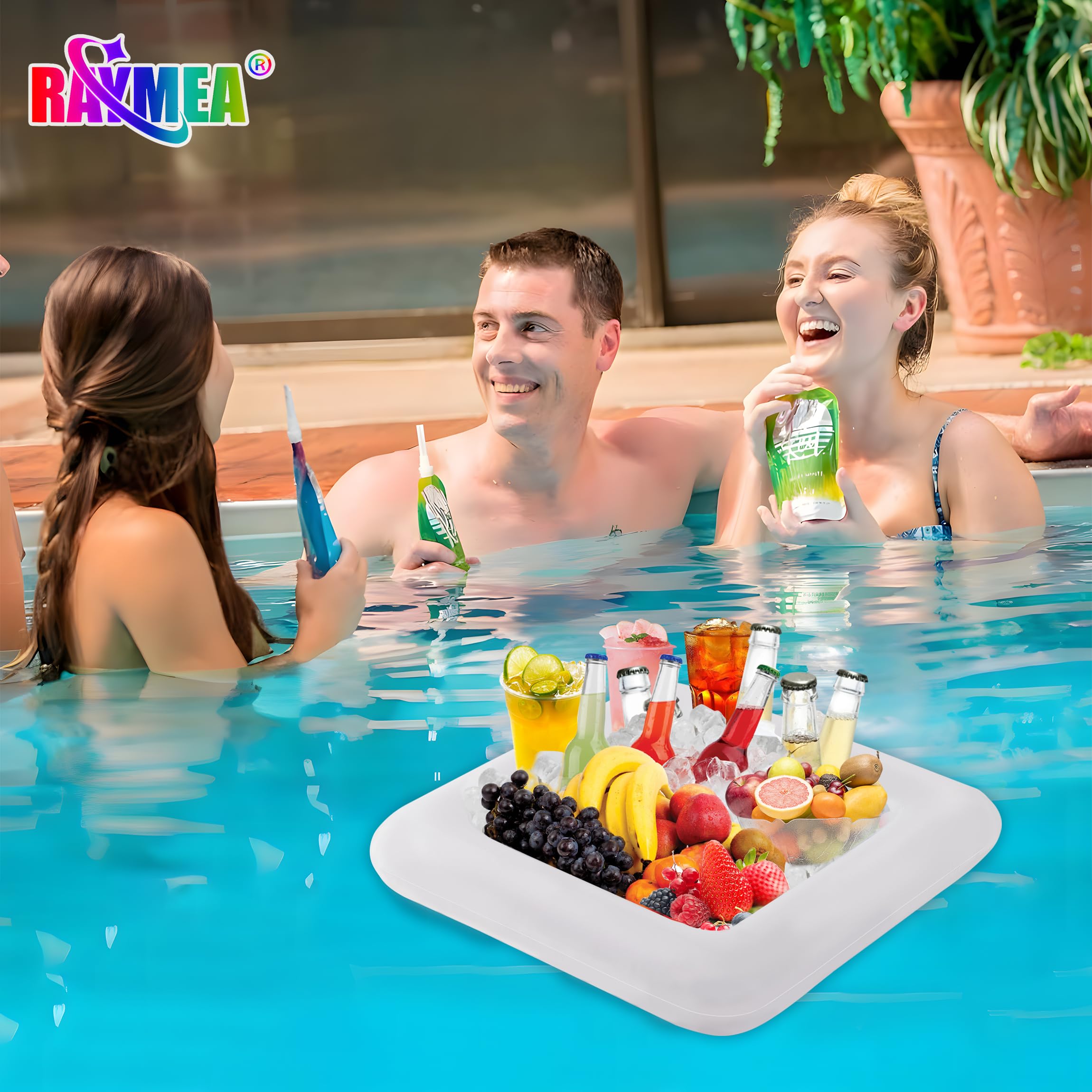 Raymea inflatable ice serving bar at beach party for drinks and snacks