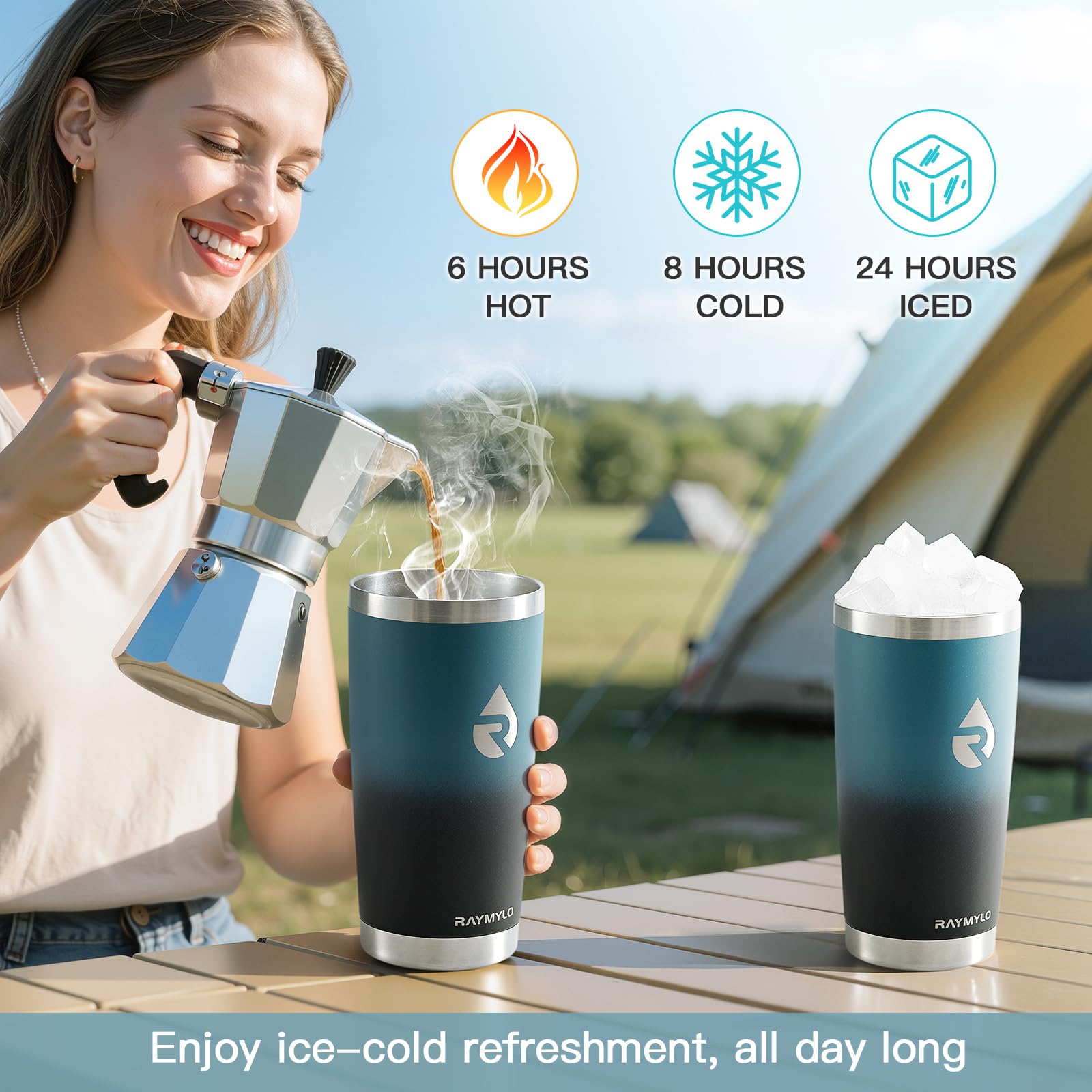 Raymylo 20oz tumbler side view showing indigo-black finish and sleek design.