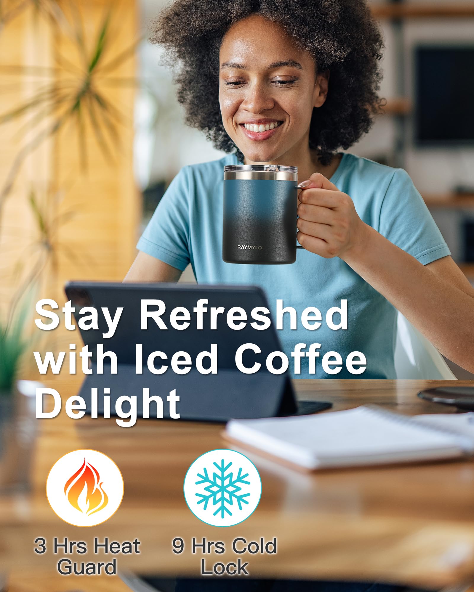 Raymylo 12oz insulated mug with lid open for easy access to hot coffee.