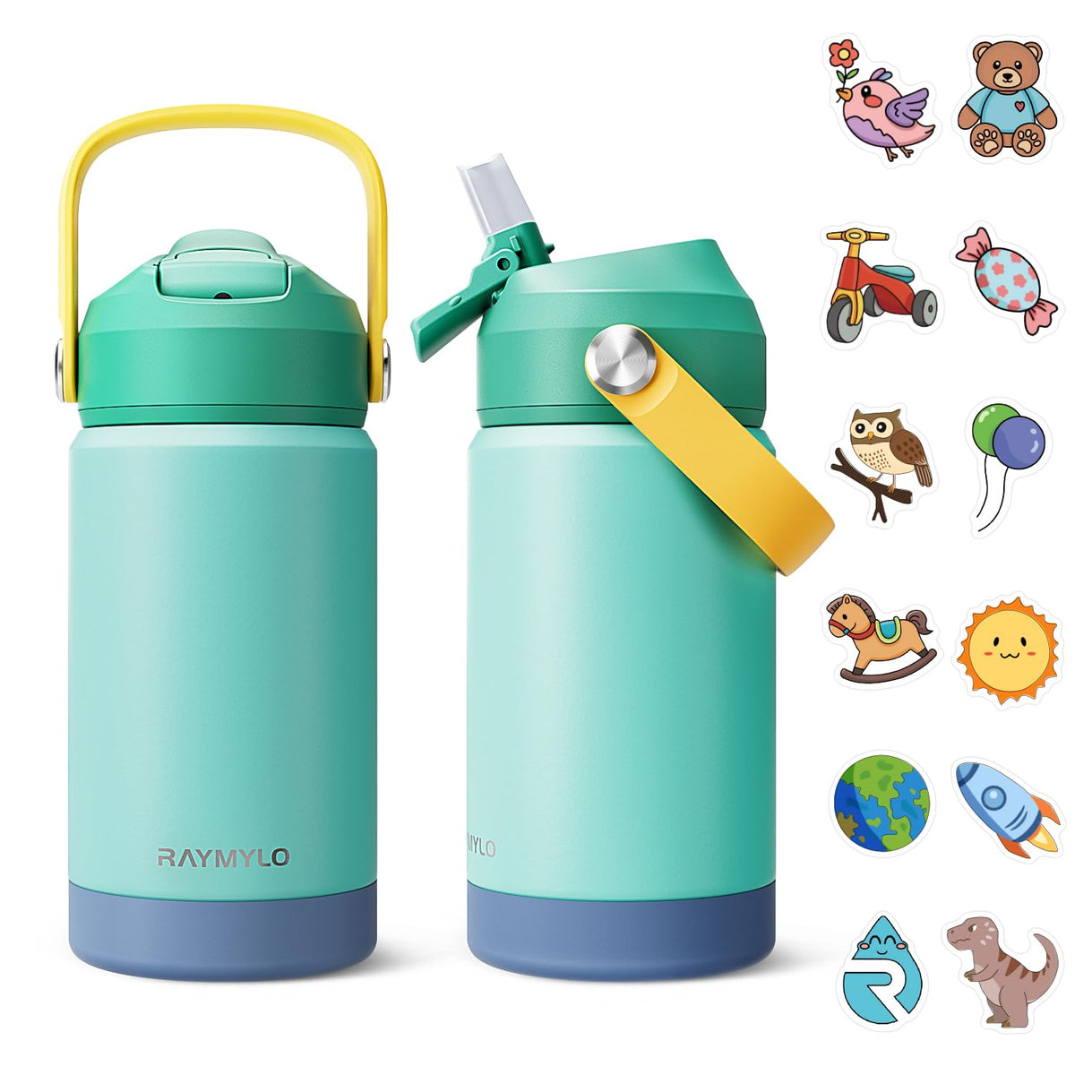 RAYMYLO toddler bottle with stainless steel body for durable hydration on the go.
