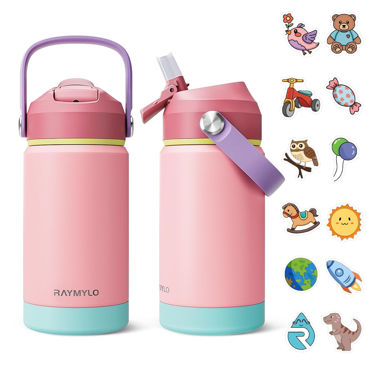 RAYMYLO toddler water bottle 12oz for school use, durable and easy to carry.