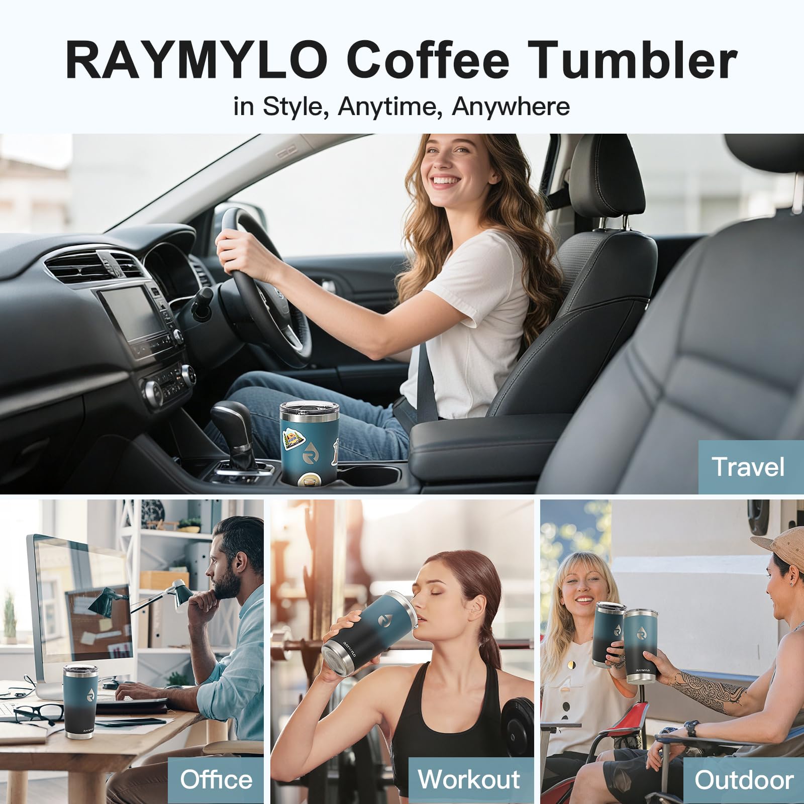 Raymylo tumbler fits most car cup holders for on-the-go use.