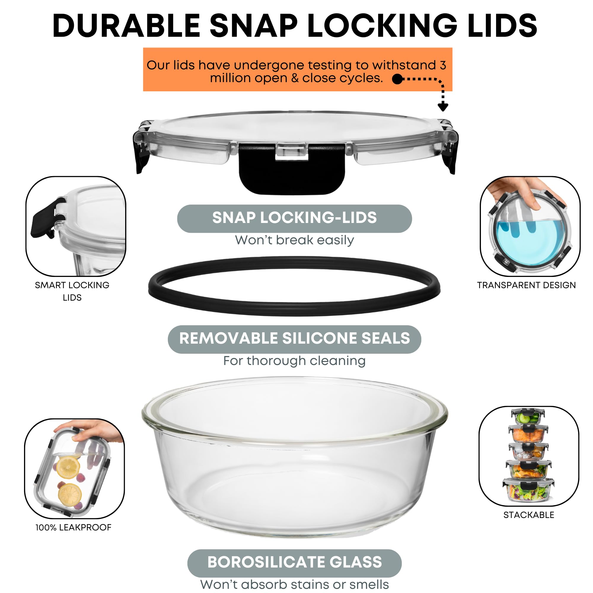 Razab round glass containers with leakproof lids for versatile storage