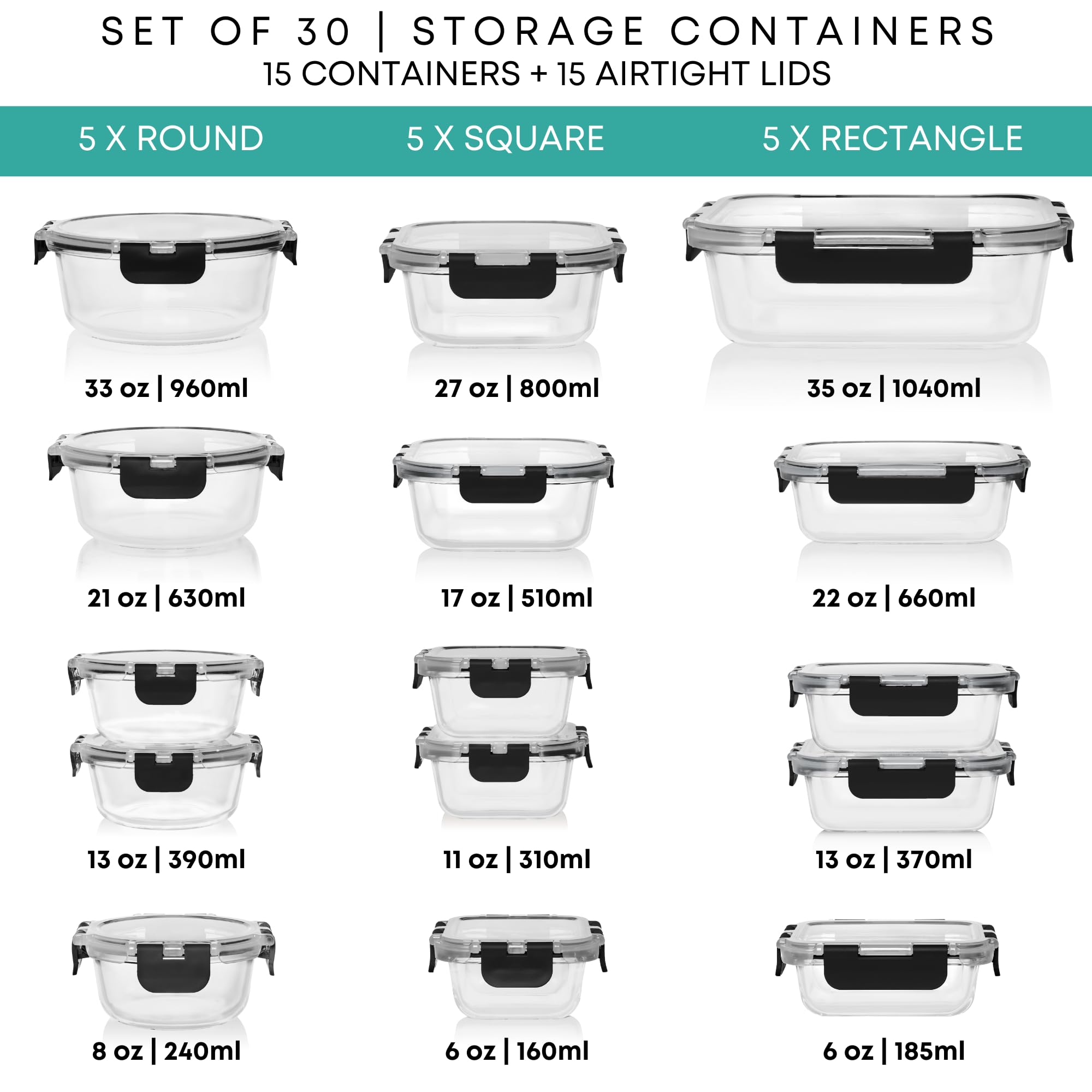 Razab 30pc glass storage square containers with snap lids for pantry organization
