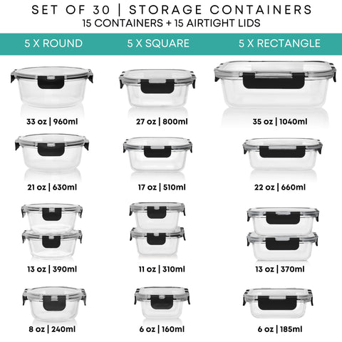 Razab 30pc glass storage square containers with snap lids for pantry organization