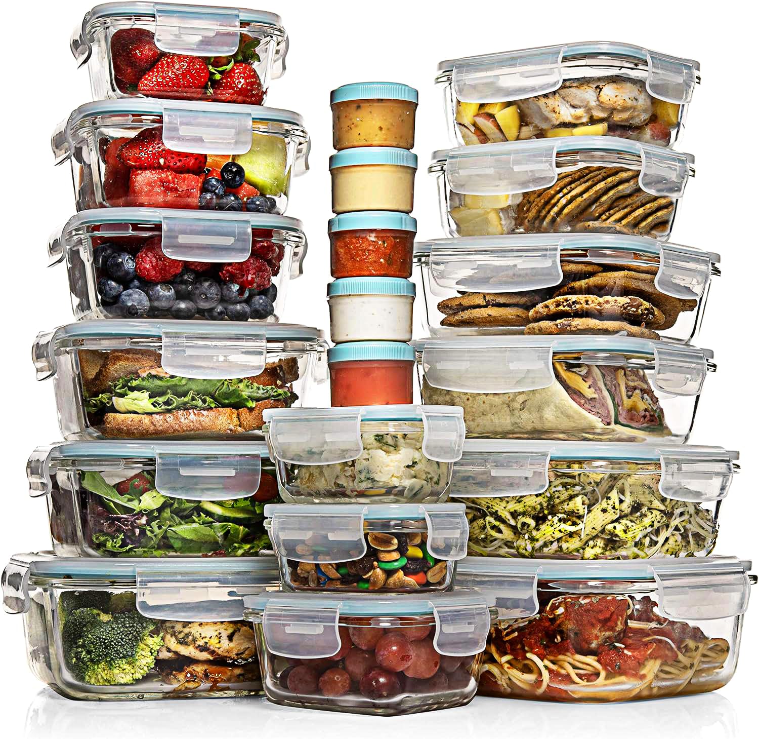 Razab 35-piece glass storage set with lids for organized meal prep.