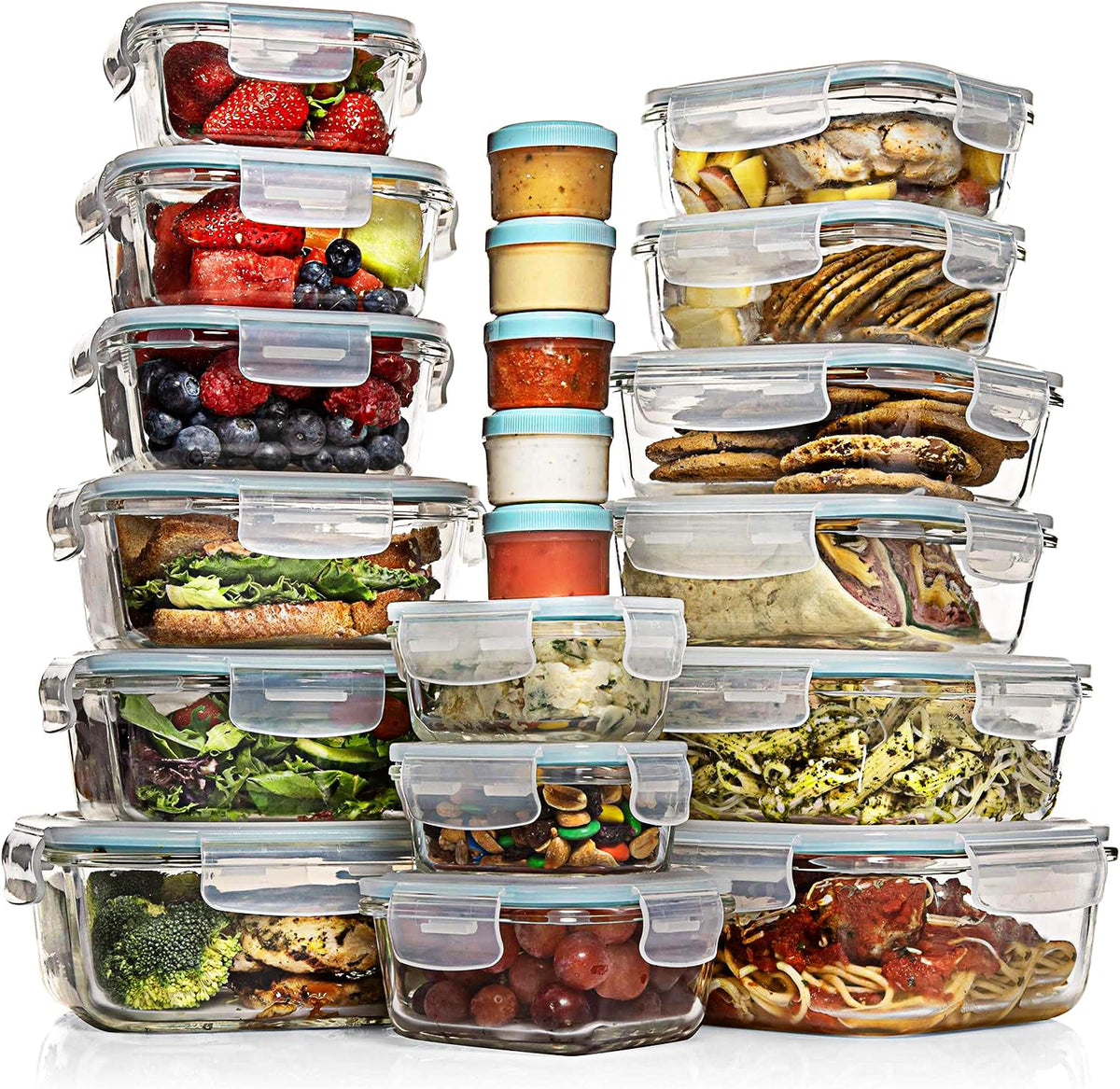 Razab 35-piece glass storage set with lids for organized meal prep.