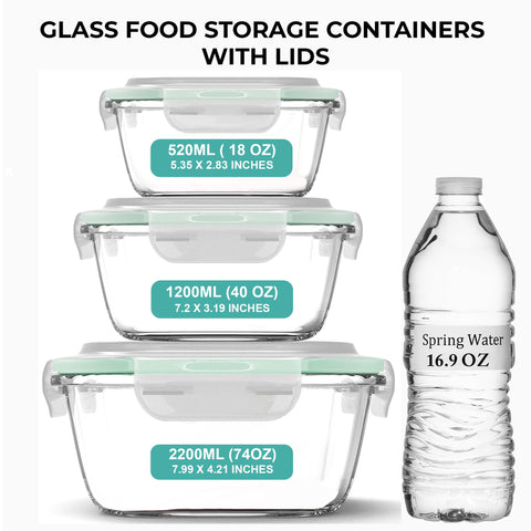 Razab 6pc square glass containers 40oz with airtight lids for leftovers