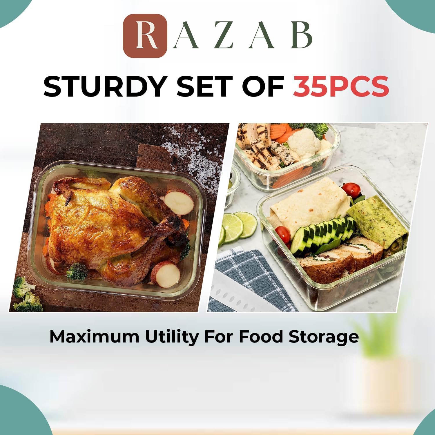 Razab square glass containers in varying sizes for fridge-to-table prep.