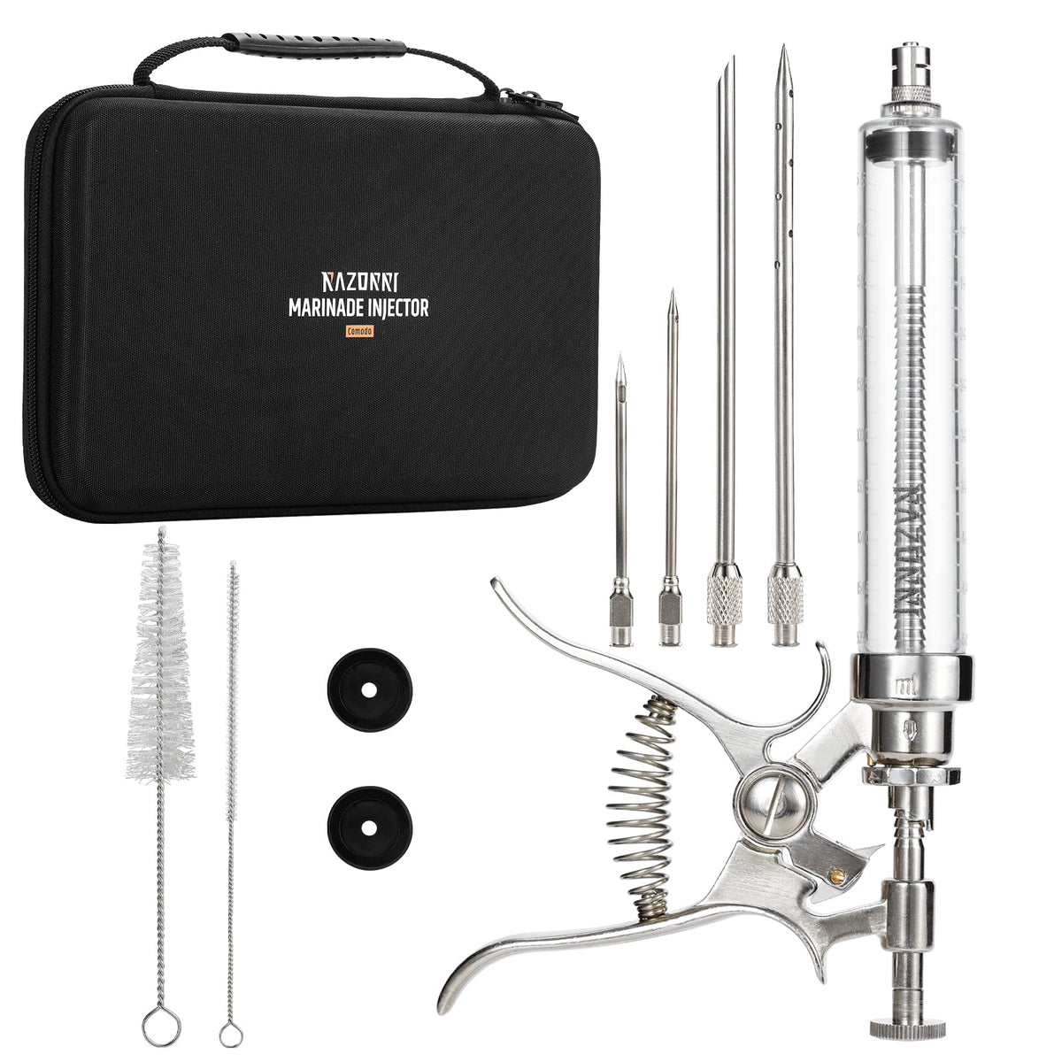 Razorri marinade injector gun with 2 oz barrel for even flavor infusion.