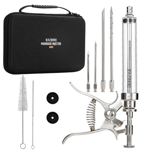 Razorri marinade injector gun with 2 oz barrel for even flavor infusion.