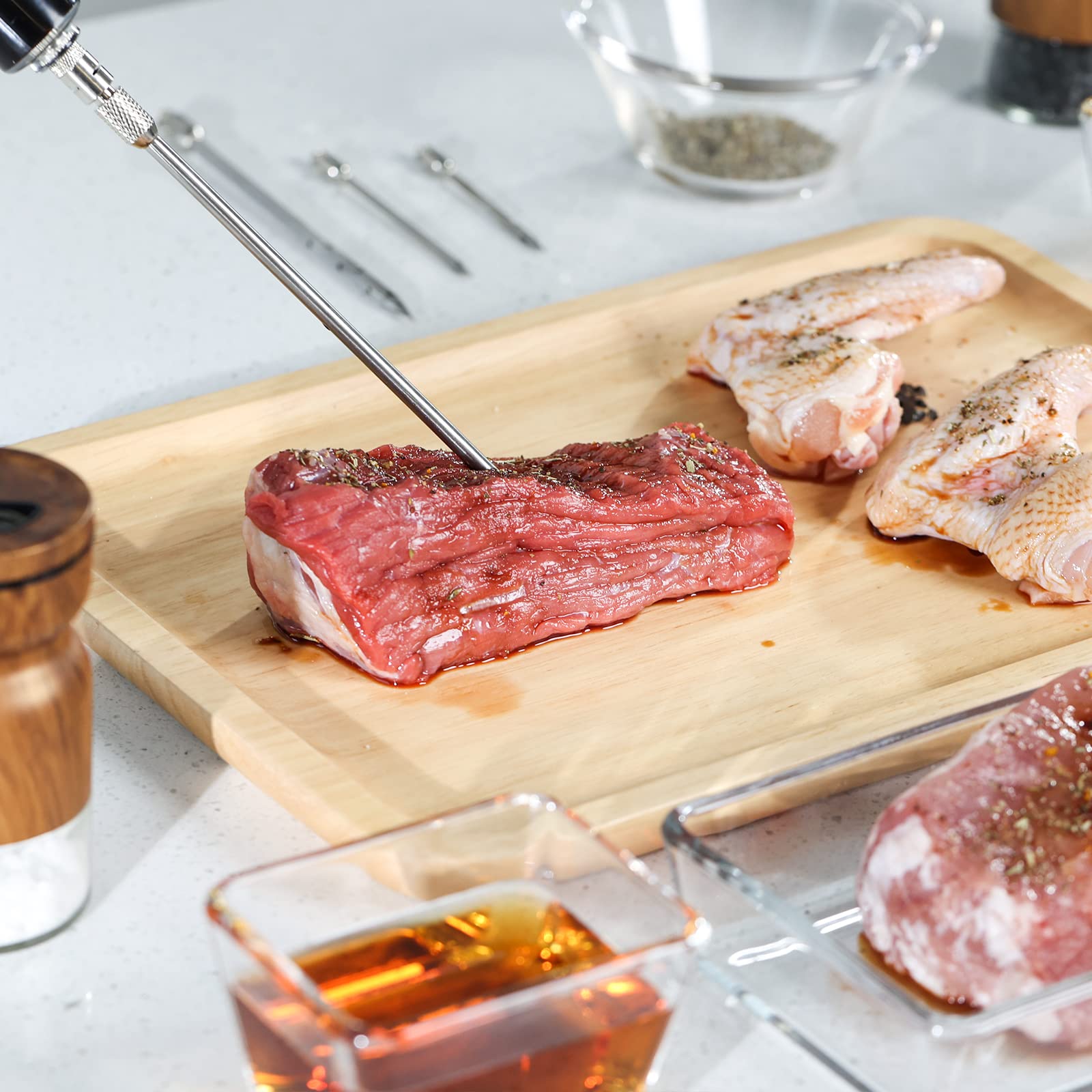 Razorri angle-cut 6-inch needle eases injecting finely minced marinades.