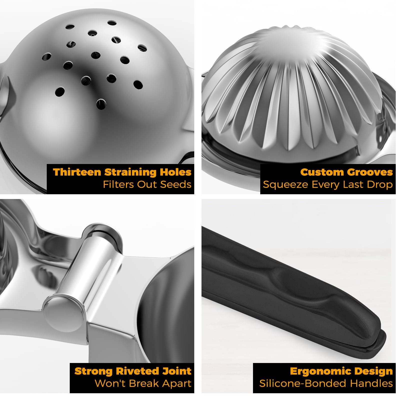 RCMo stainless bowl design image emphasizes efficient juice collection and less mess