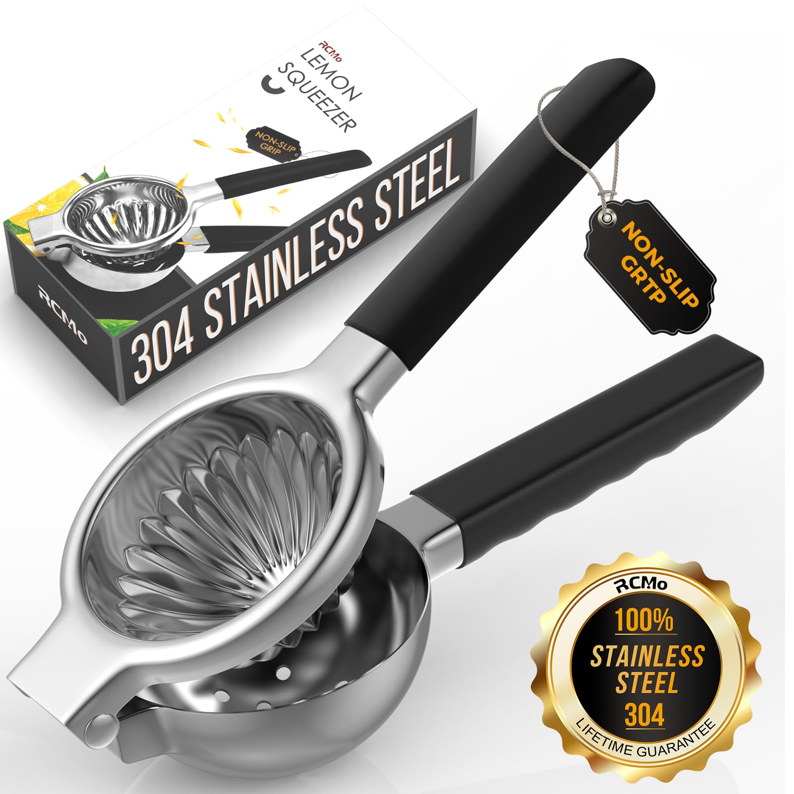 RCMo stainless steel lemon squeezer closeup shows durable construction for heavy citrus juicing