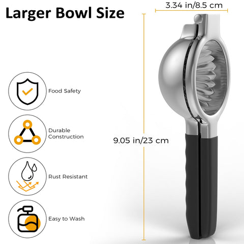 RCMo lemon squeezer handheld in use demonstrates ergonomic silicone handles for comfortable gripping