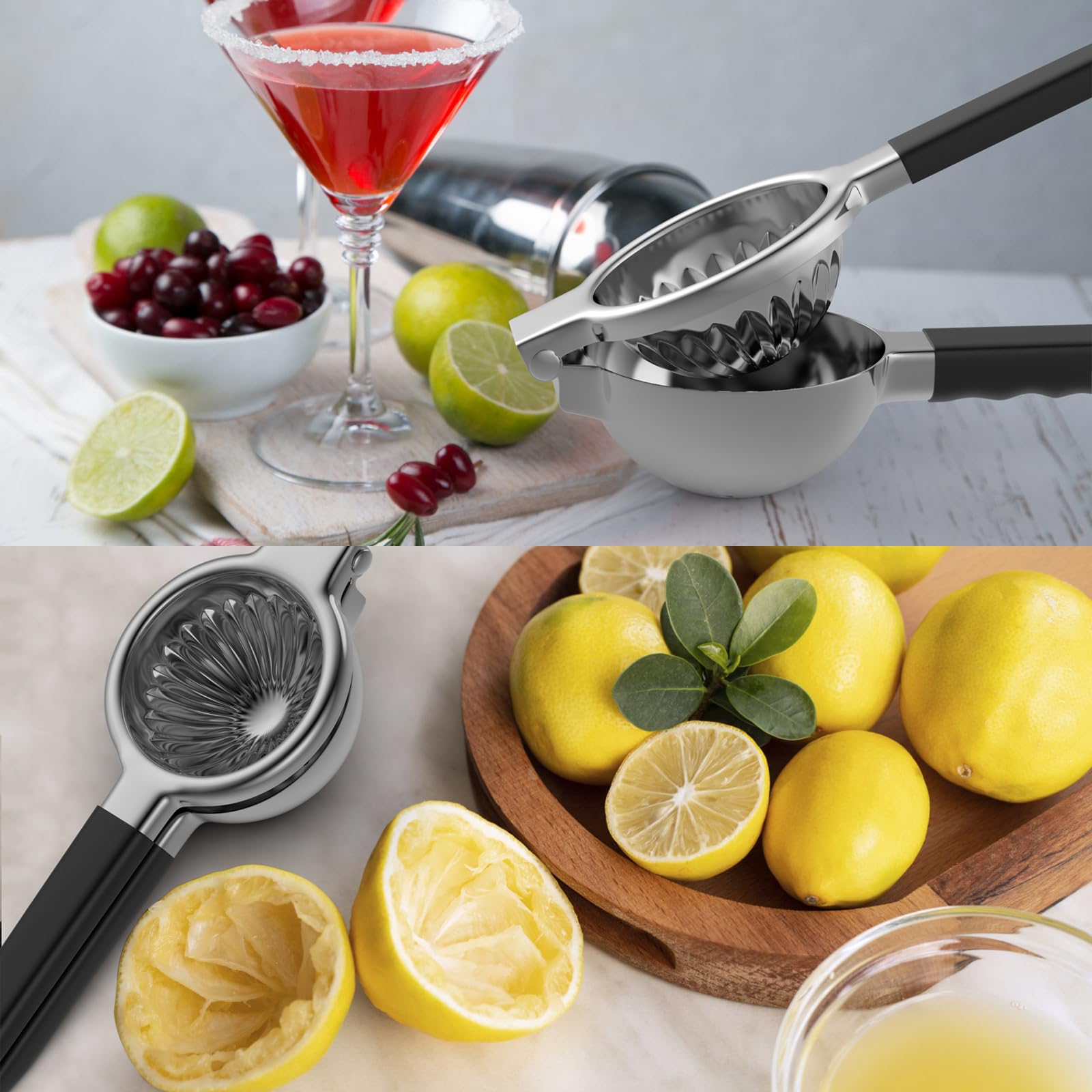 RCMo squeezer in action shows lemons and limes being pressed for fresh juice