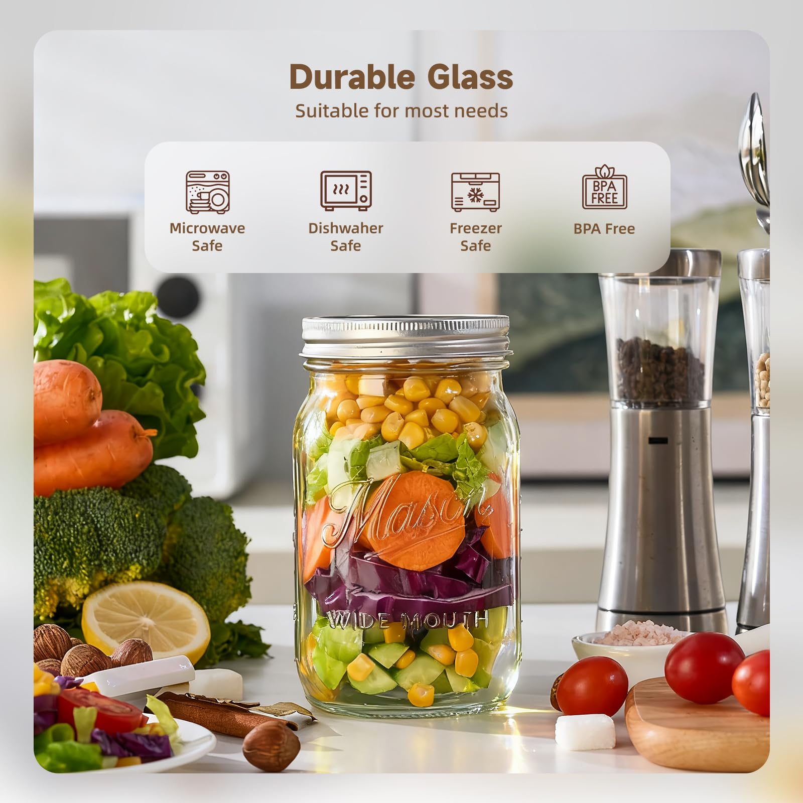 Rcoeuph Mason jar 32oz airtight lids and bands keep contents fresh.