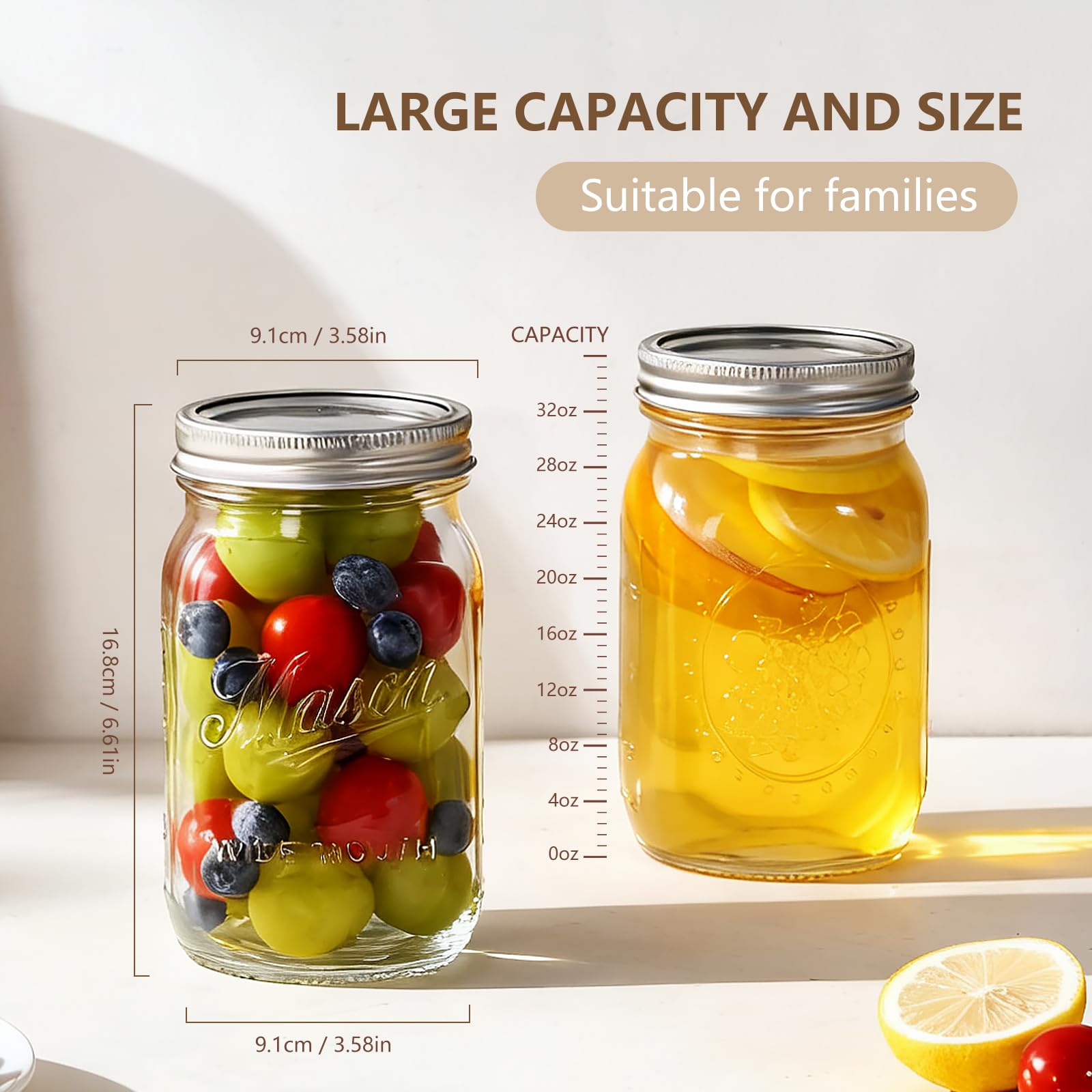 Rcoeuph Mason jar 32oz measurement marks aid precise filling.