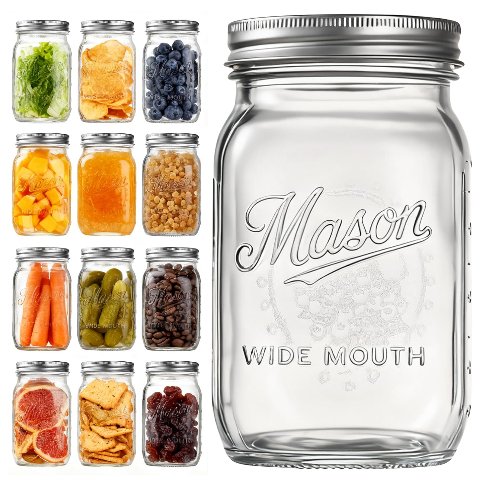 Rcoeuph Mason jar 32oz wide-mouth for easy filling and cleaning.
