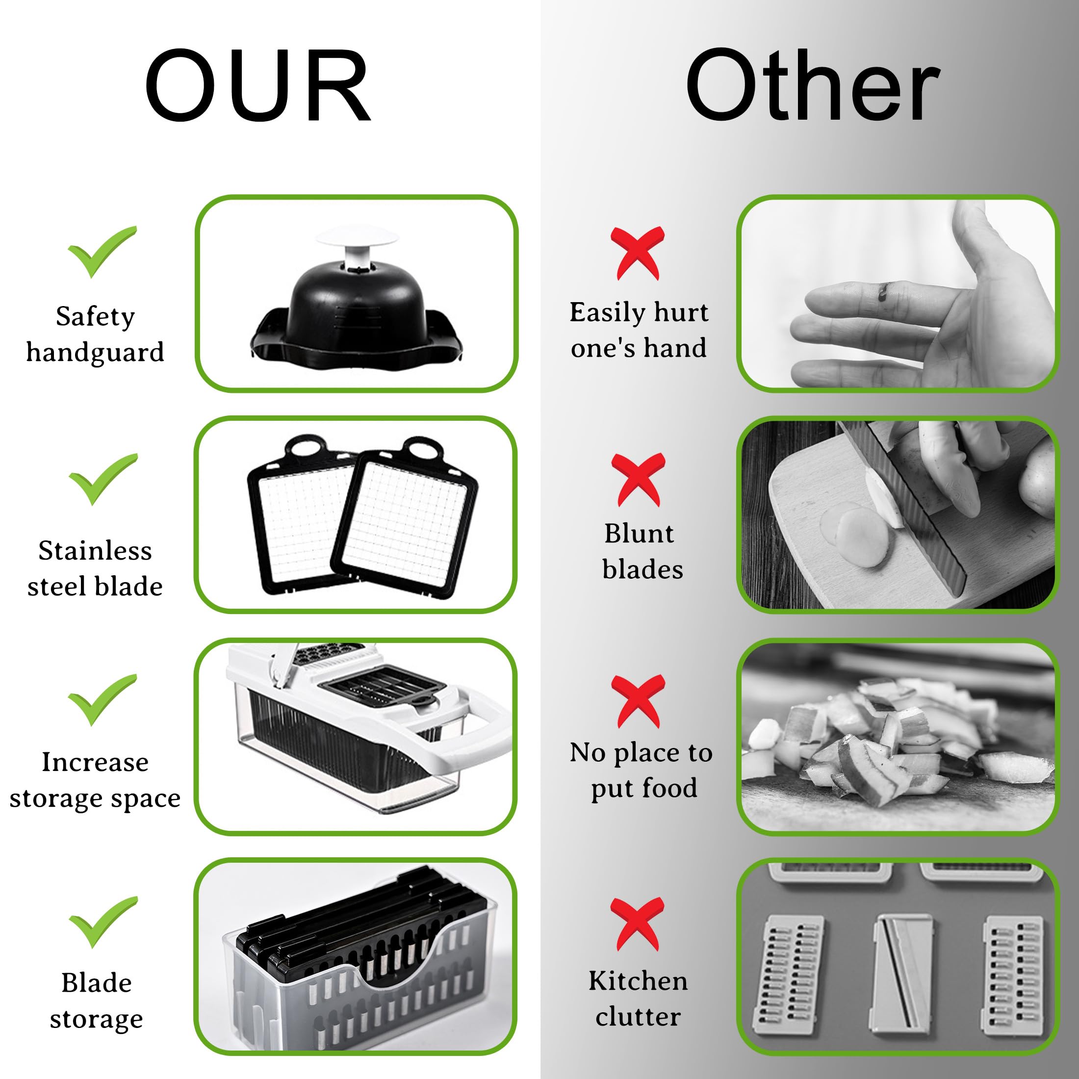 RCOMG slicer and julienne blades delivering precise cuts.