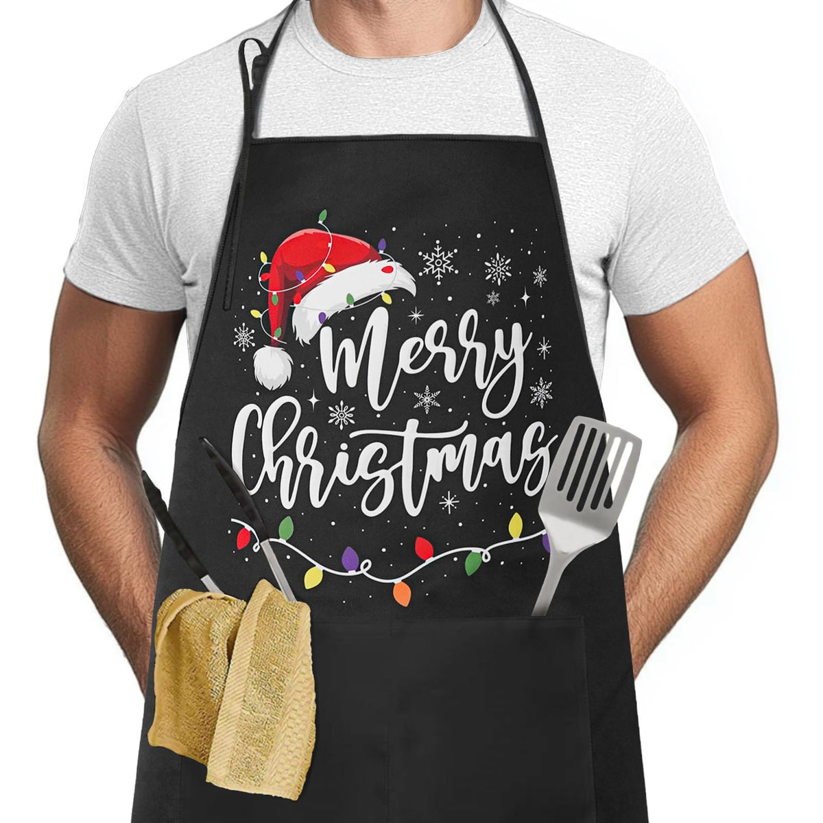 Rcvlauf Christmas apron front view showing festive print and full coverage.
