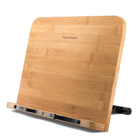 READAEER bamboo book stand front view for desk use.