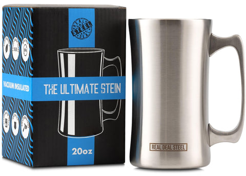Real Deal Steel 20oz insulated beer mug, front view, showcasing sturdy build and generous capacity.