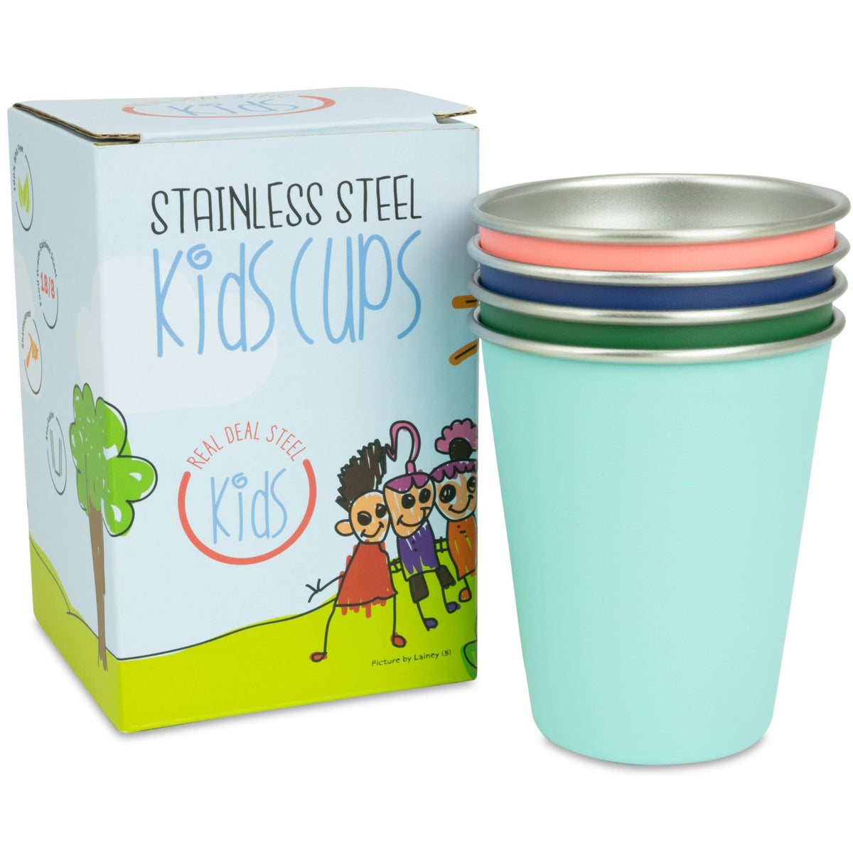 Real Deal Steel kids cups in a colorful four-pack for easy identification.