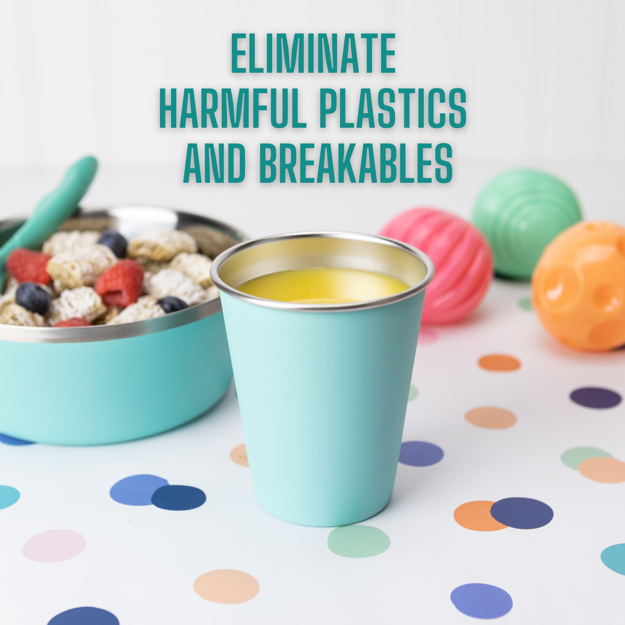 Real Deal Steel kids cups with a stackable design to save cabinet space.