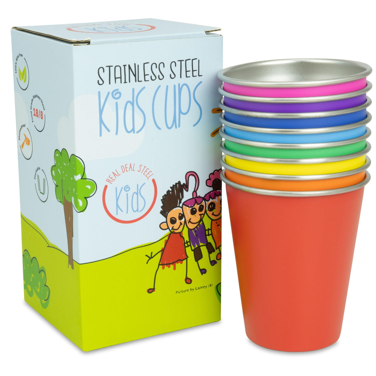 Real Deal Steel Rainbow Kids Cups stacked for space-saving storage.