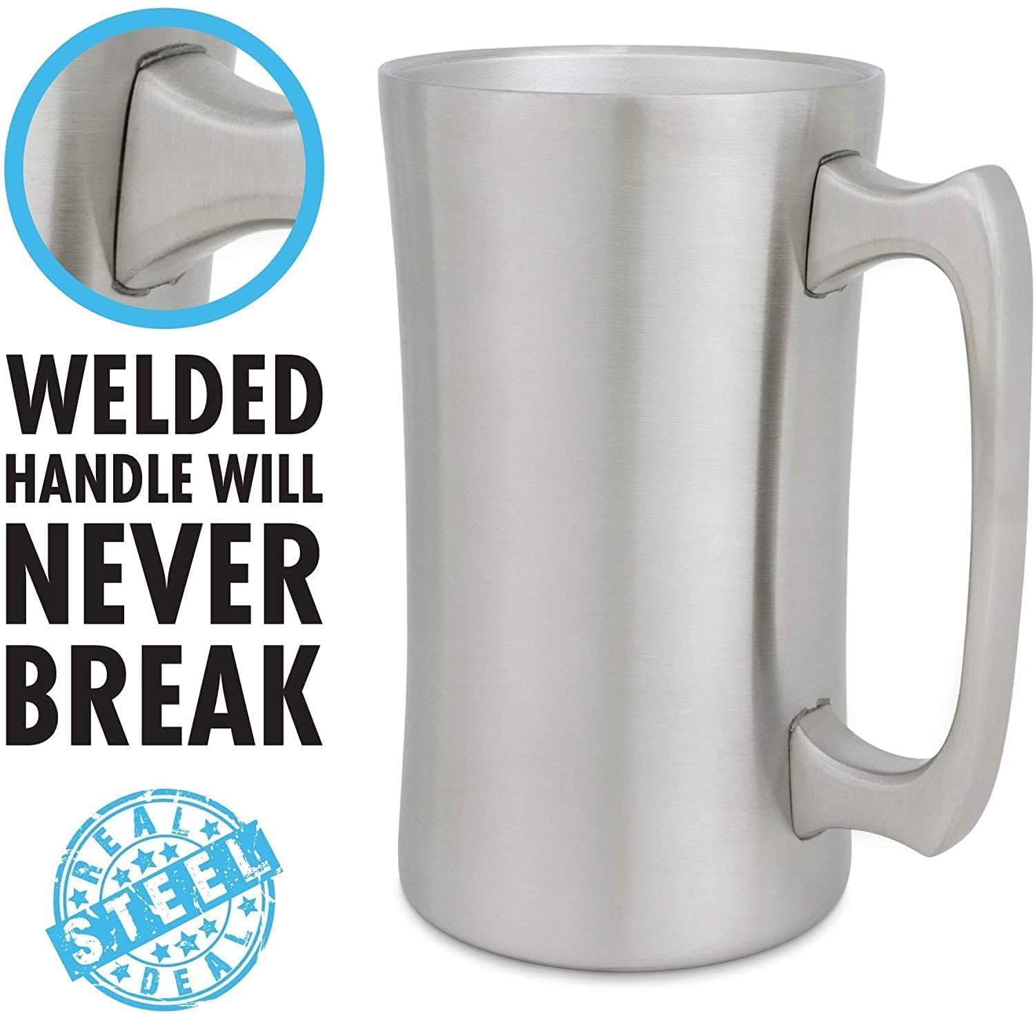 Real Deal Steel beer mug with welded handle, close-up of durable stainless steel construction.