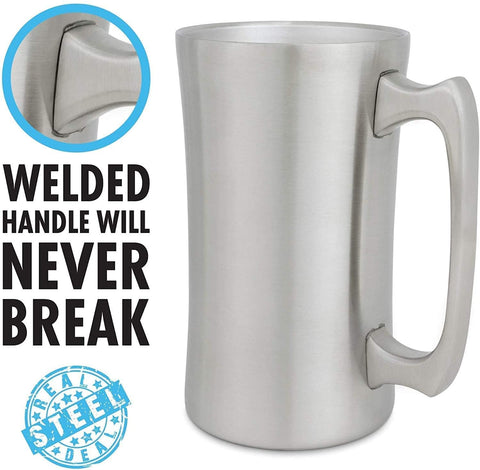 Real Deal Steel beer mug with welded handle, close-up of durable stainless steel construction.