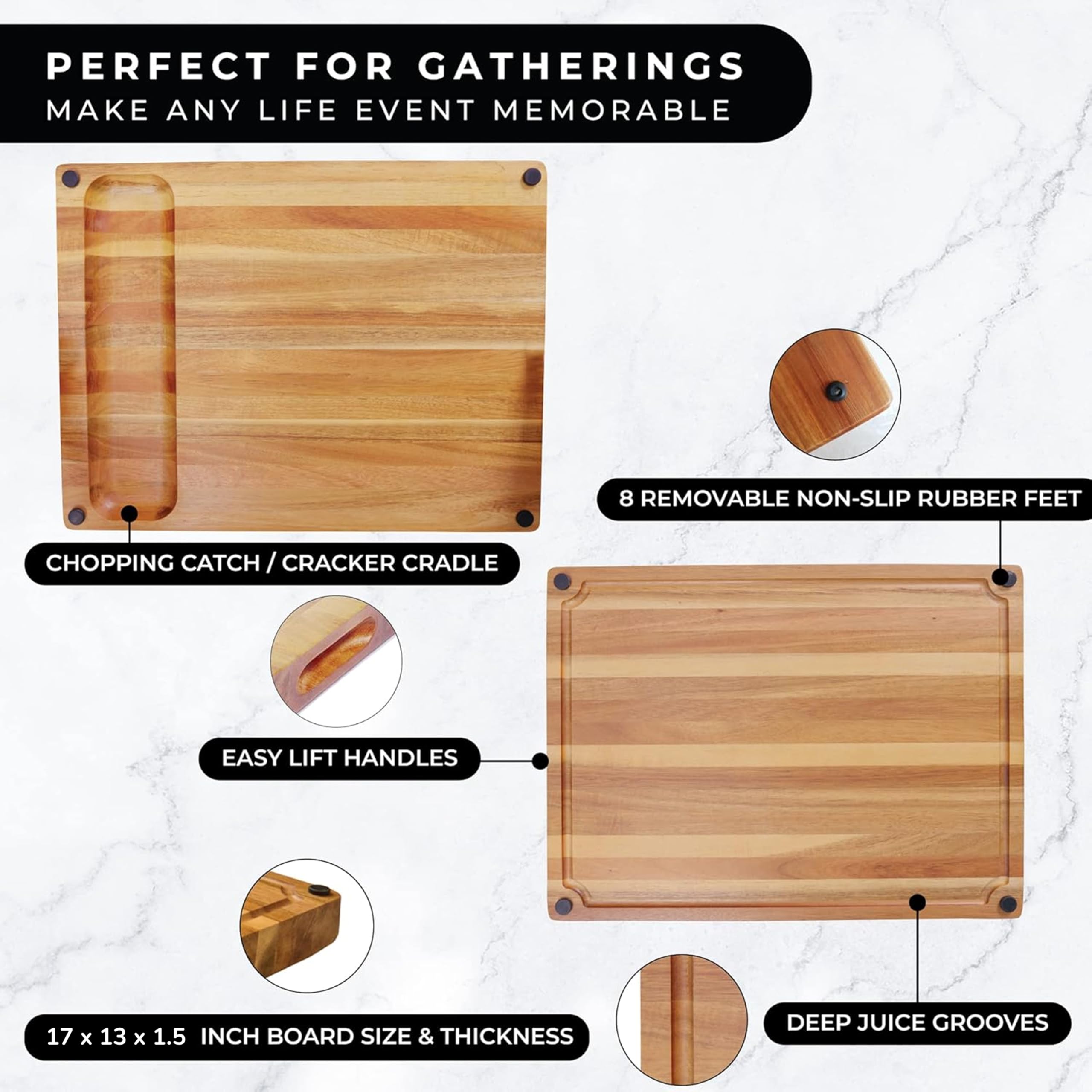 Real Life Living acacia board with juice groove for liquids.