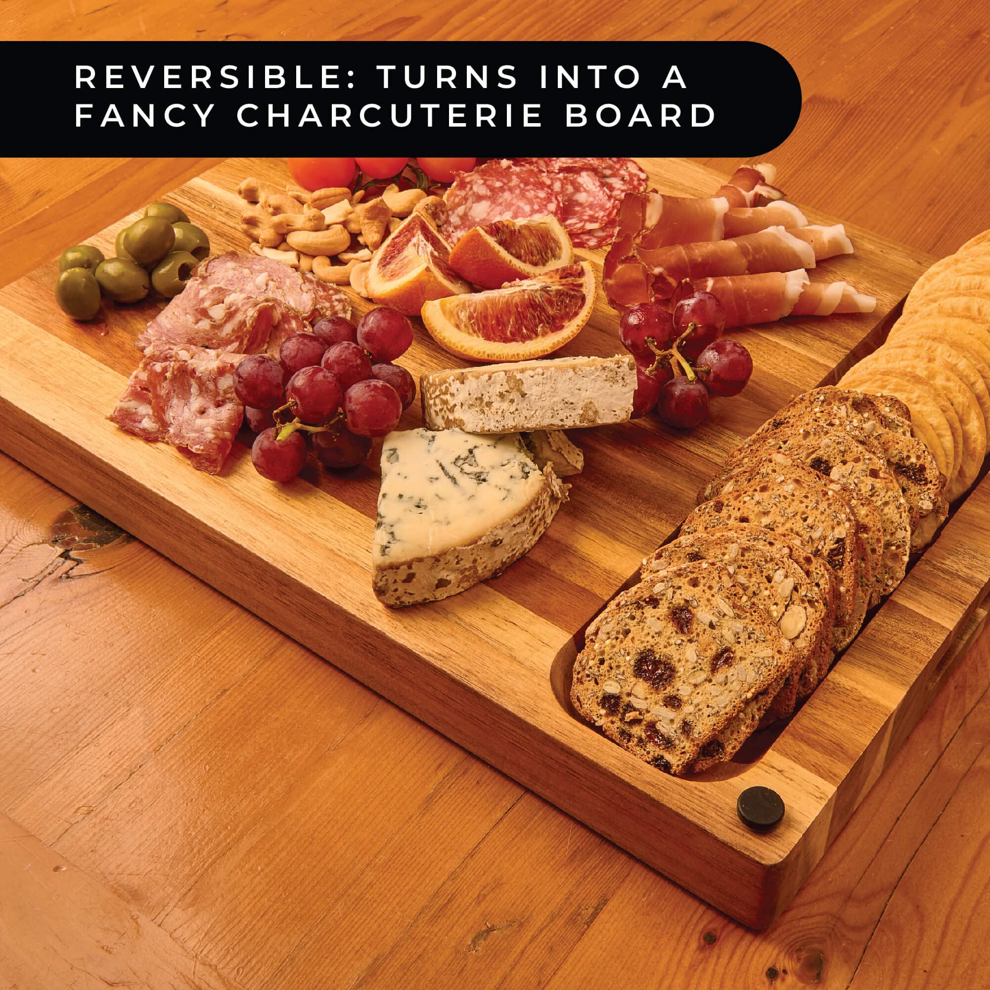 Real Life Living acacia board non-slip feet stabilize prep.