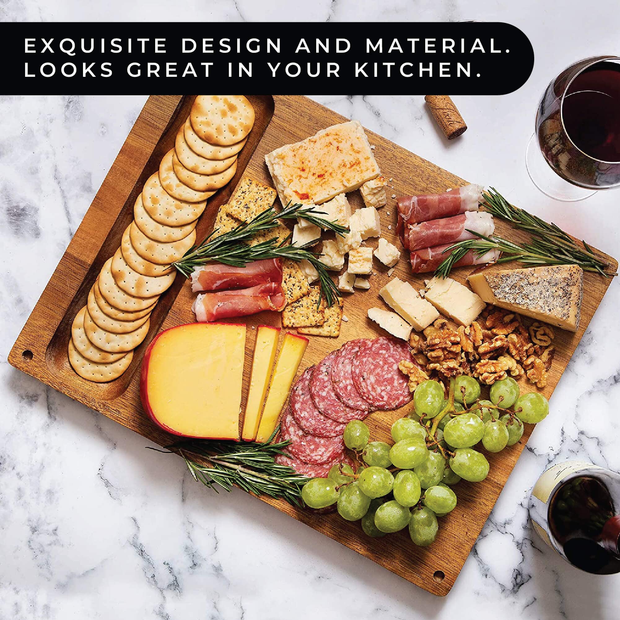 Real Life Living acacia board reversible design for chopping and serving.