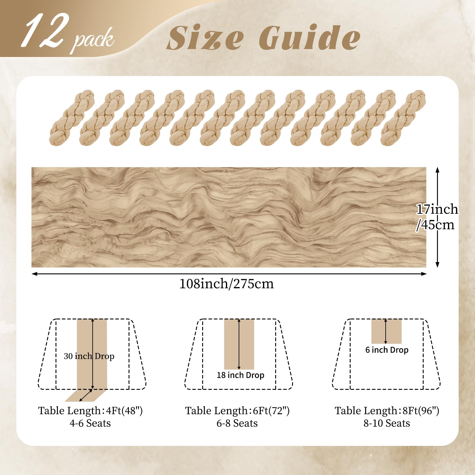 RealBox 12-pack beige runners provide versatile decor for long tables.