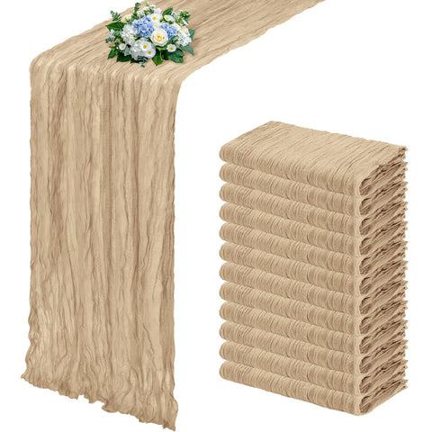 RealBox beige cheesecloth table runner with soft pleats for elegant weddings.