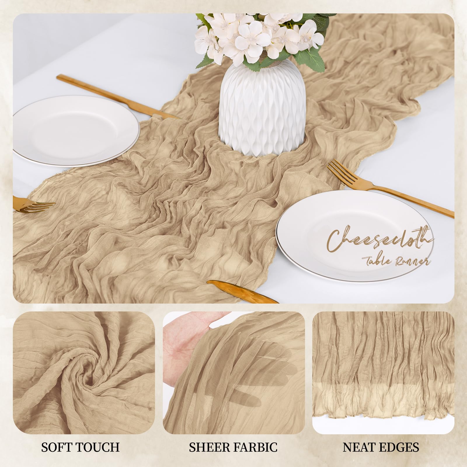 RealBox boho gauze runner adds rustic charm to dining and arches.