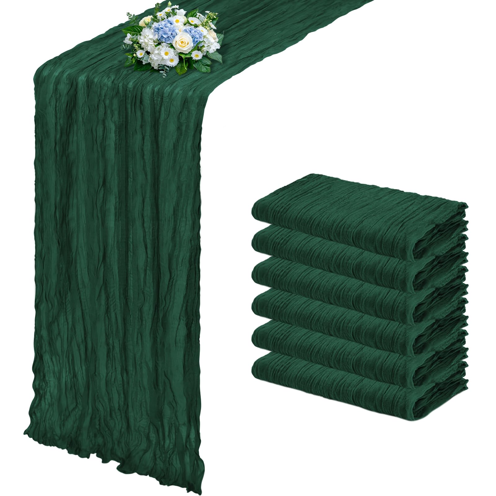 RealBox emerald green cheesecloth table runner with pleated texture decor.